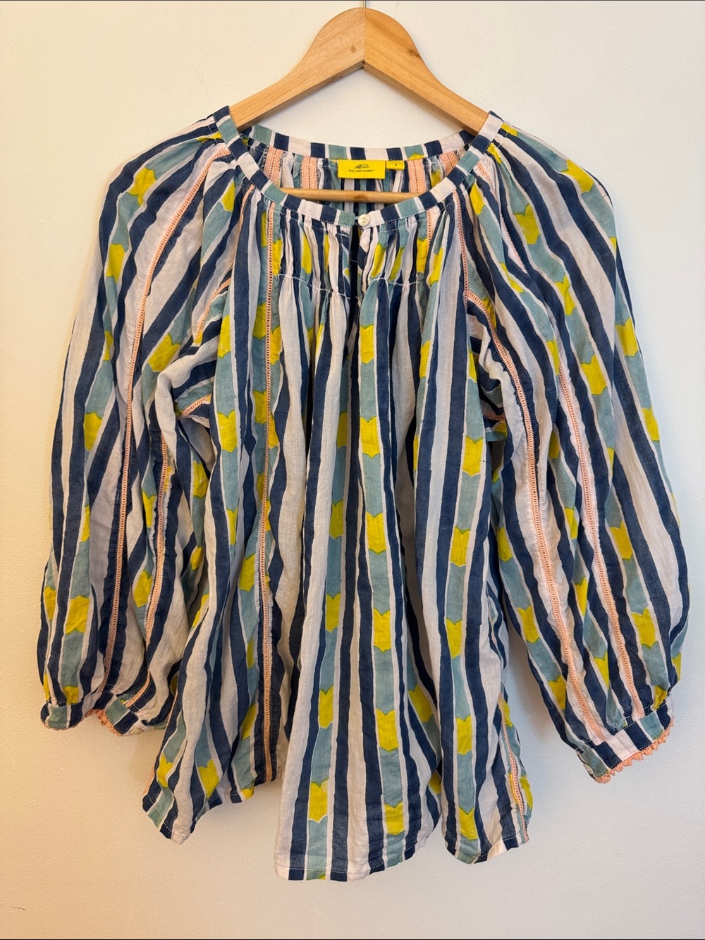 Roller Rabbit Blue, White & Yellow Striped Peasant Blouse